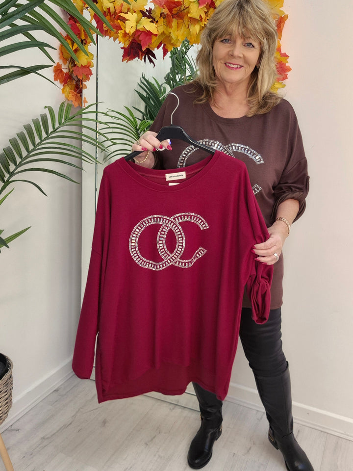 Coco Crystal & Diamante Oversized Hi Low Tops - Wine (fits from Size 14 up to Size 18/20)