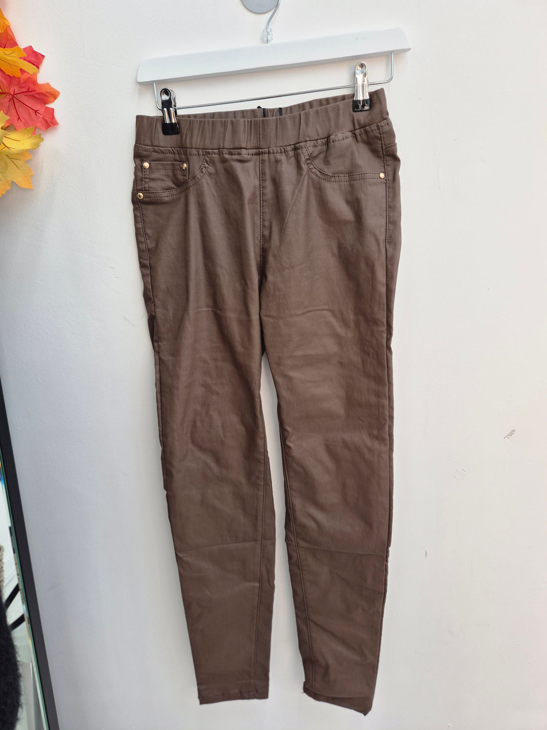 Emma Pull On PU Coated Jeans - Chocolate (choose your Size)