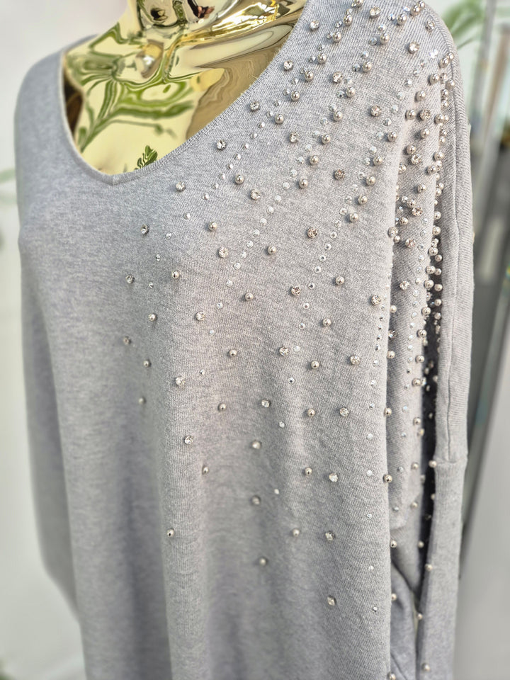 Celine Crystals, Pearls & Diamantes Oversized Jumper with V Neck (choose your Colour) (One Size/Curvy, fits from Size 12 up to Size 18)