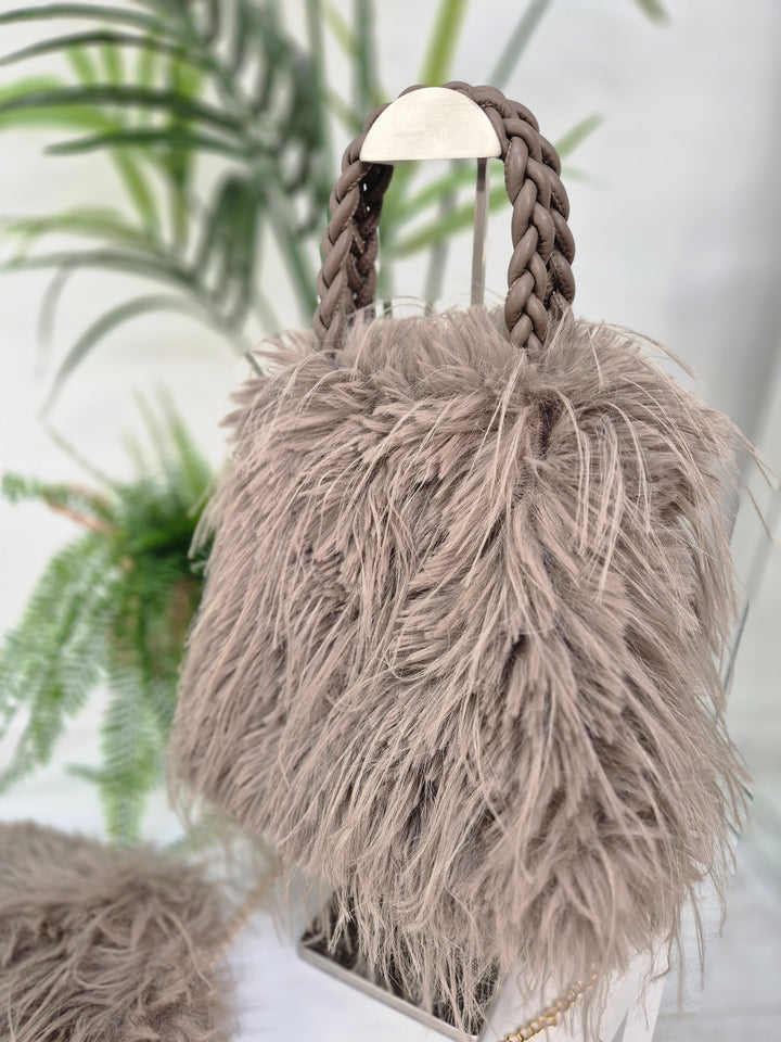 Oslo Faux Fur Shaggy Bag with Dual Handles & Chain Strap - Mocha