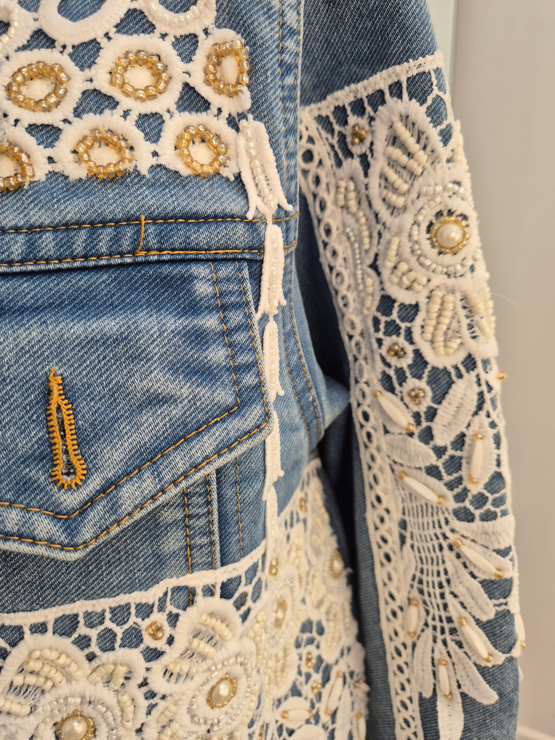 Elle Lace Tassel Denim Jacket - Light/Mid Stonewashed (One Size, fitting from Size 10 up to 14)