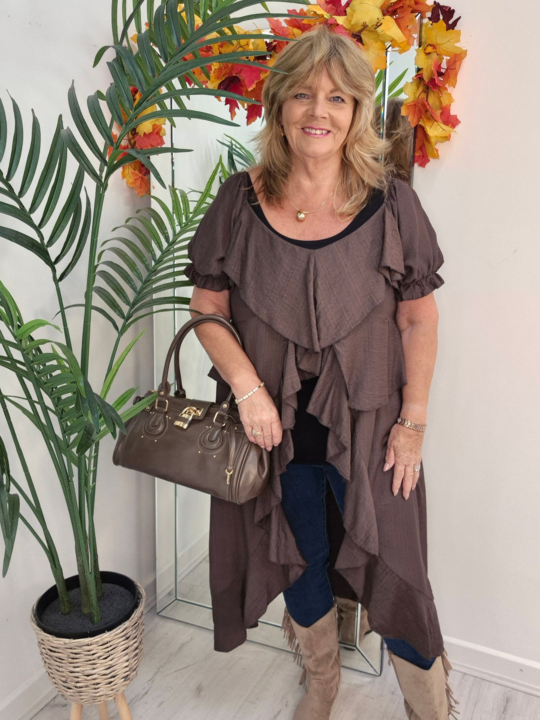 Rhea Ruffle Hi Lo Blouse - Chocolate - One Size fits up to Size 16/18