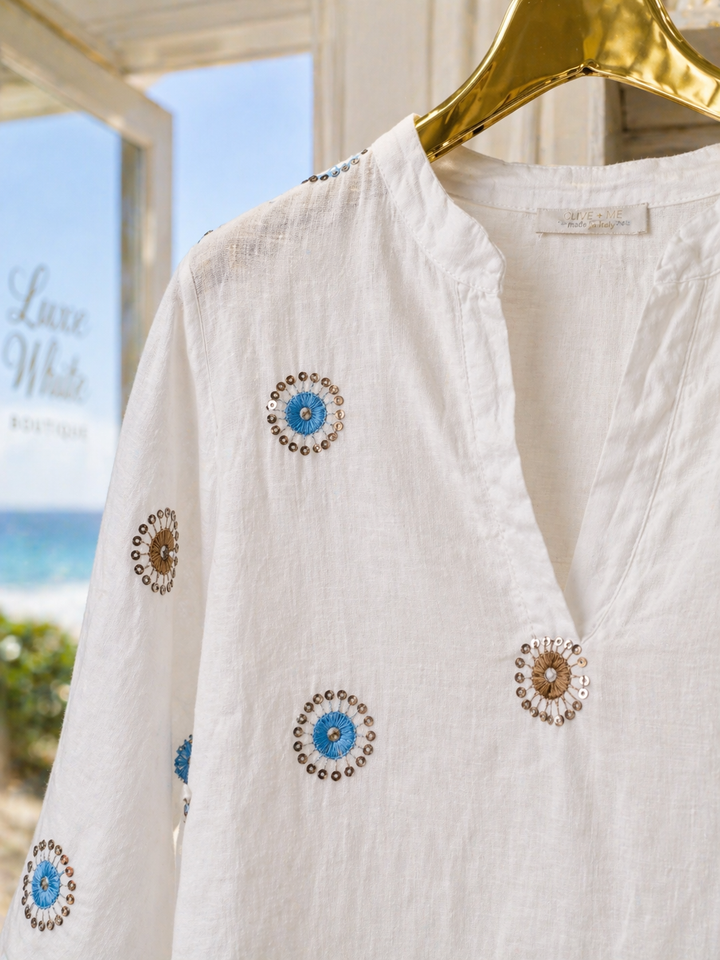 Amalfi Linen Sequin Floral High Low Top with Frayed Top - White (Oversized, fits from Size 14 to Size 18)