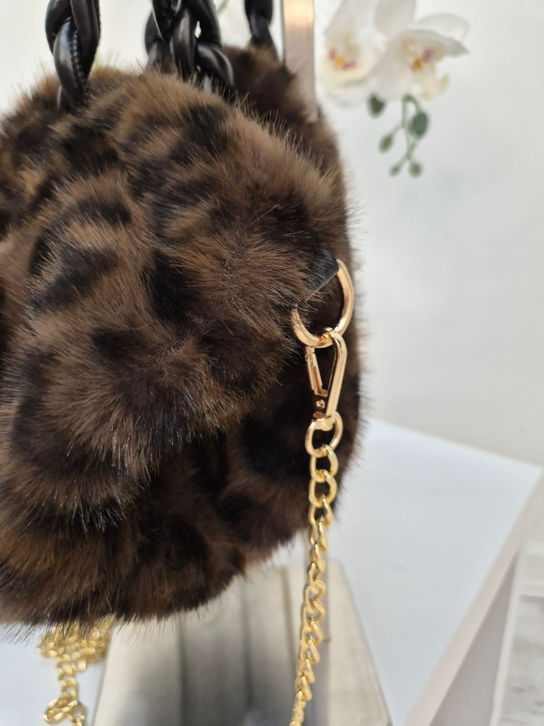 Oslo Faux Fur Bag with Gold Chain - Chocolate Leopard