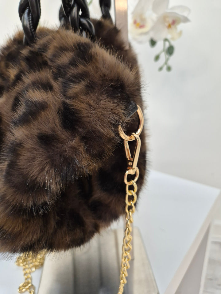 Oslo Faux Fur Bag with Gold Chain - Chocolate Leopard