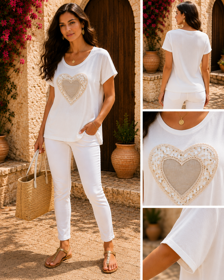 Valencia Hearts Tee with Sequins - One Size (fits from Size 10 up to Size 16) - White/Cream/Gold