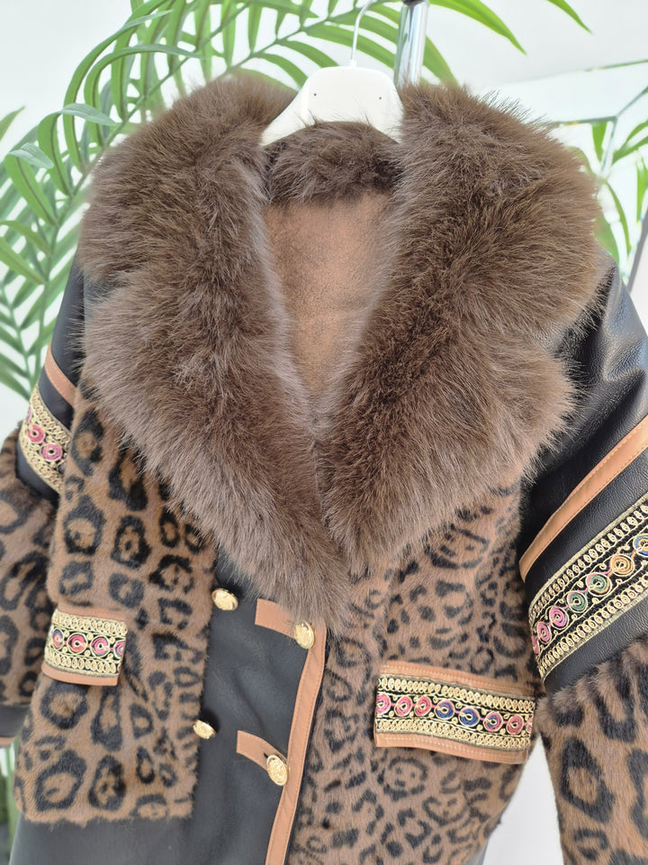 Oslo Faux Fur/Faux Leather Jacket - Chocolate Leopard - (Oversized fits Size 12/14 to Size 18/20/20)