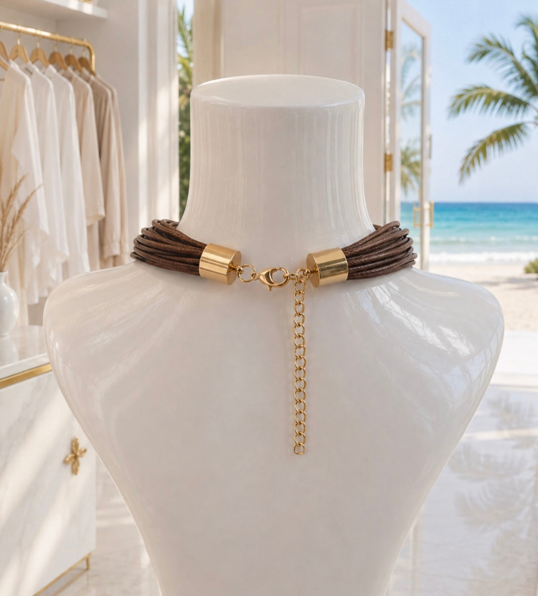 Statement Necklace - Multi Stranded with Gold Tone Beads - Chocolate/Gold