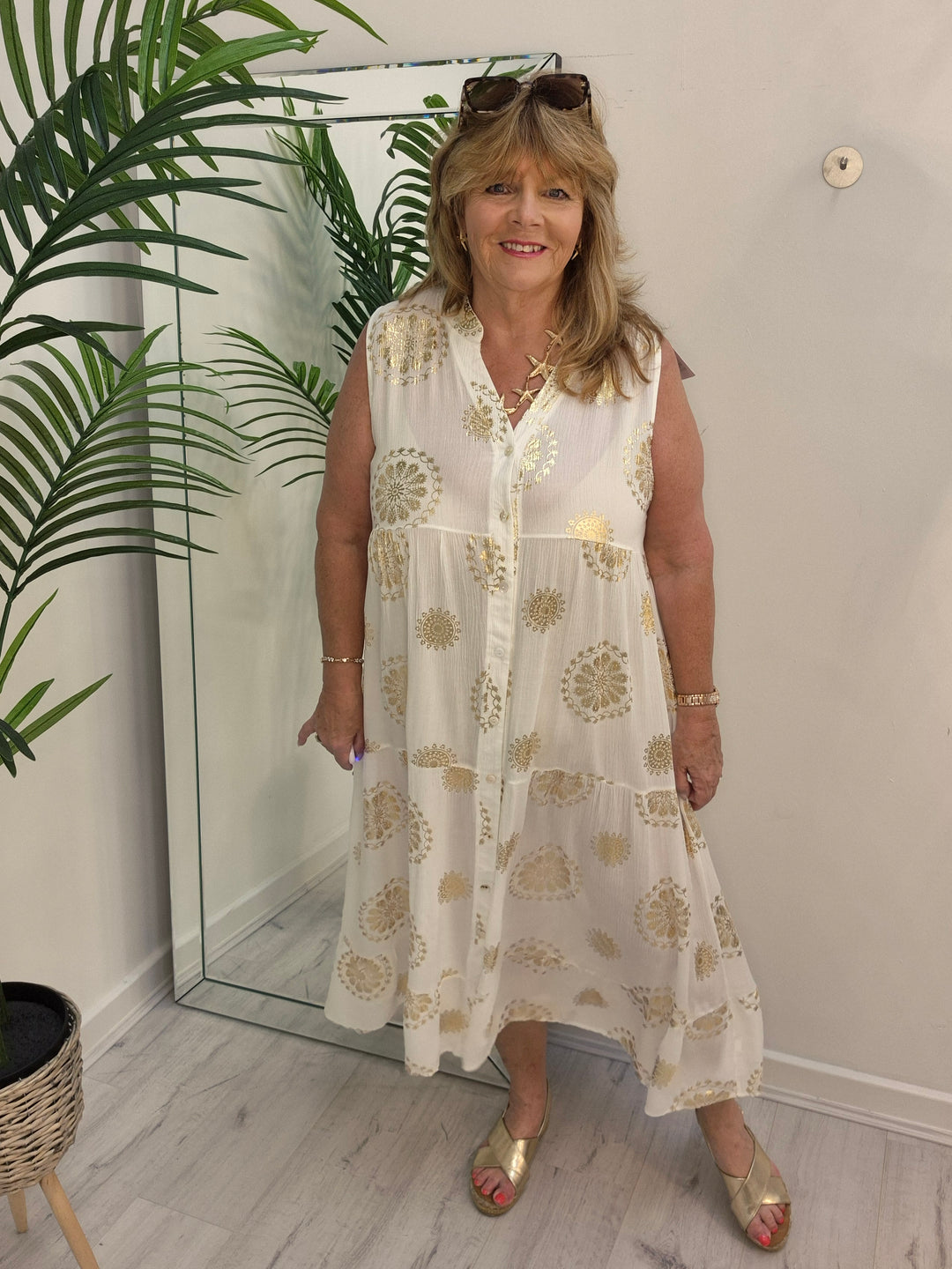 Ibiza Floral Midi Sleeveless Dress - White/Gold - (Loose Fit)