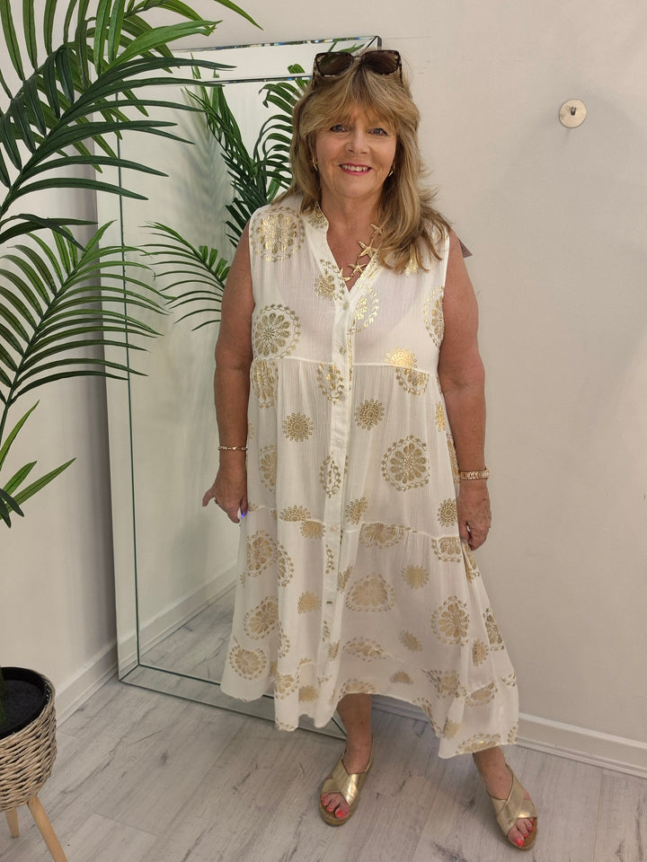Ibiza Floral Midi Sleeveless Dress - White/Gold - (Loose Fit)