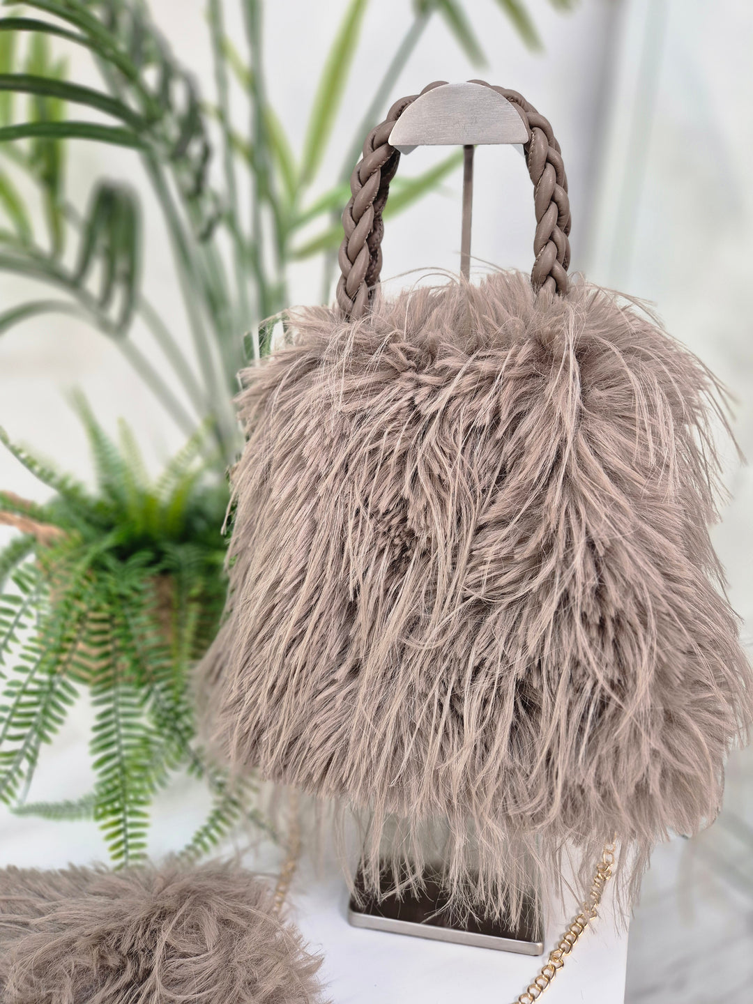 Oslo Faux Fur Shaggy Bag with Dual Handles & Chain Strap - Mocha