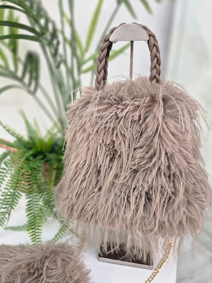 Oslo Faux Fur Shaggy Bag with Dual Handles & Chain Strap - Mocha