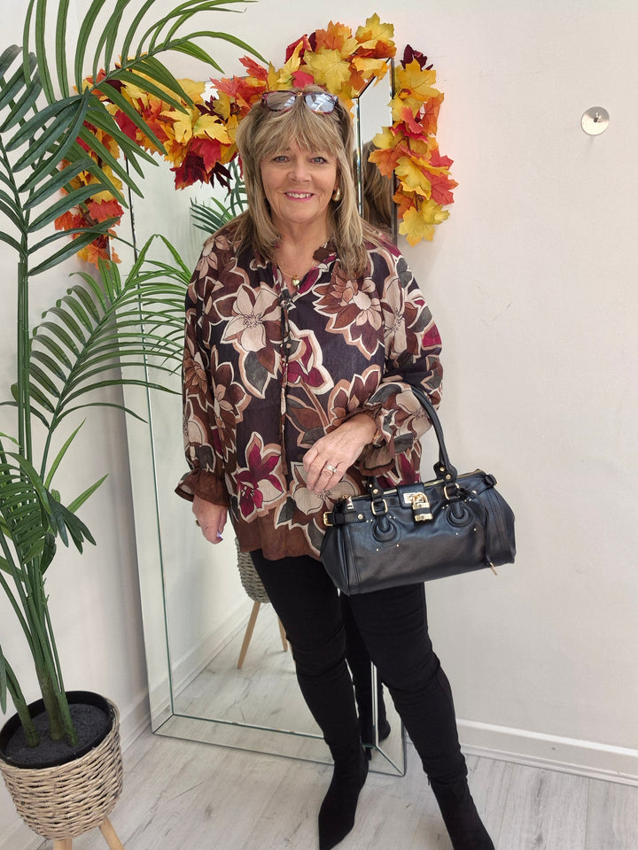 Floral Autumn Blouse - Black/Wine/Chocolate (fits from Size 12/14 to Size 18/20)