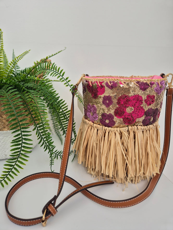 Sequin Straw Bag with Long Adjustable Strap - Pink Multi Sequins