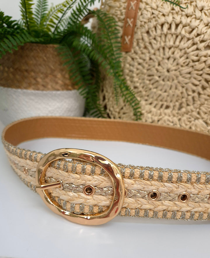 Woven Belt with Large Gold Buckle - Natural/Gold