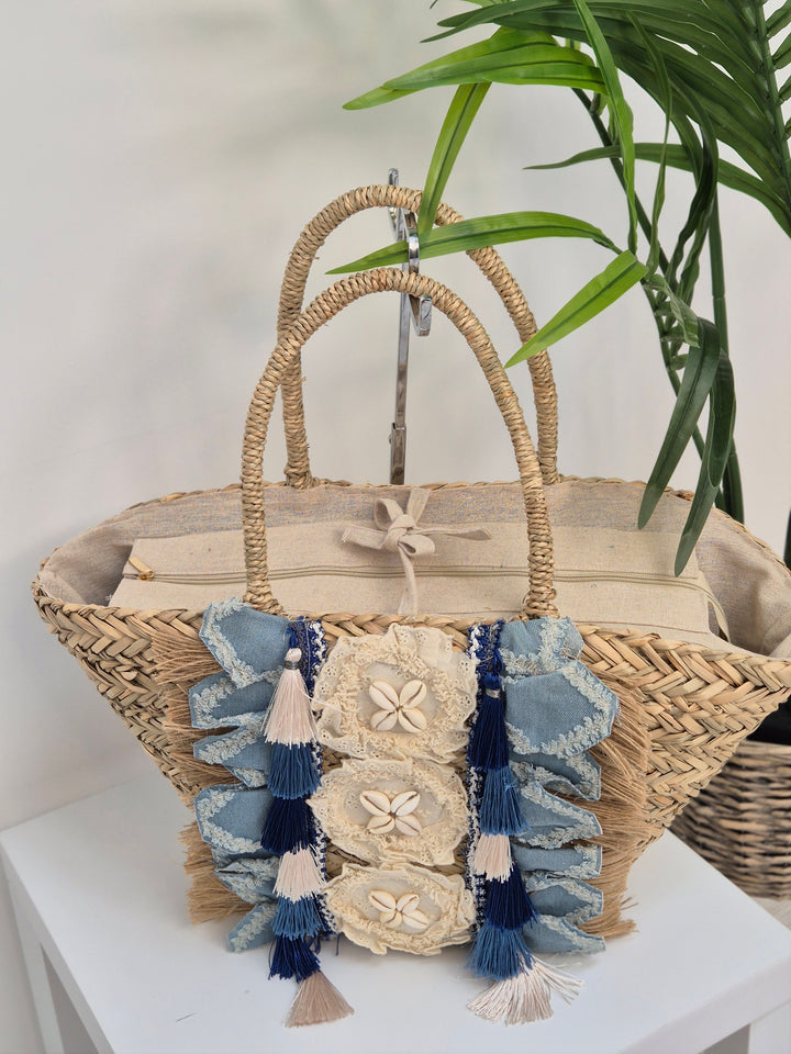 Stonewashed Denim Beach Bag with Seashells
