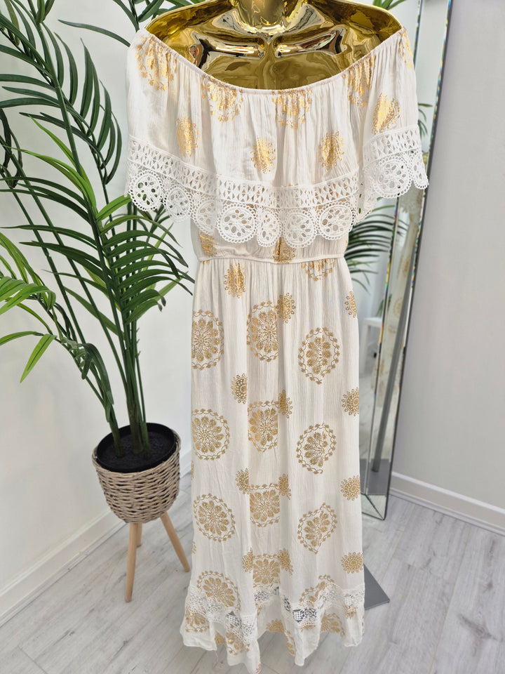 Ibiza Florals Bardot Dress - White/Gold (One Size, fits up to Size 16)