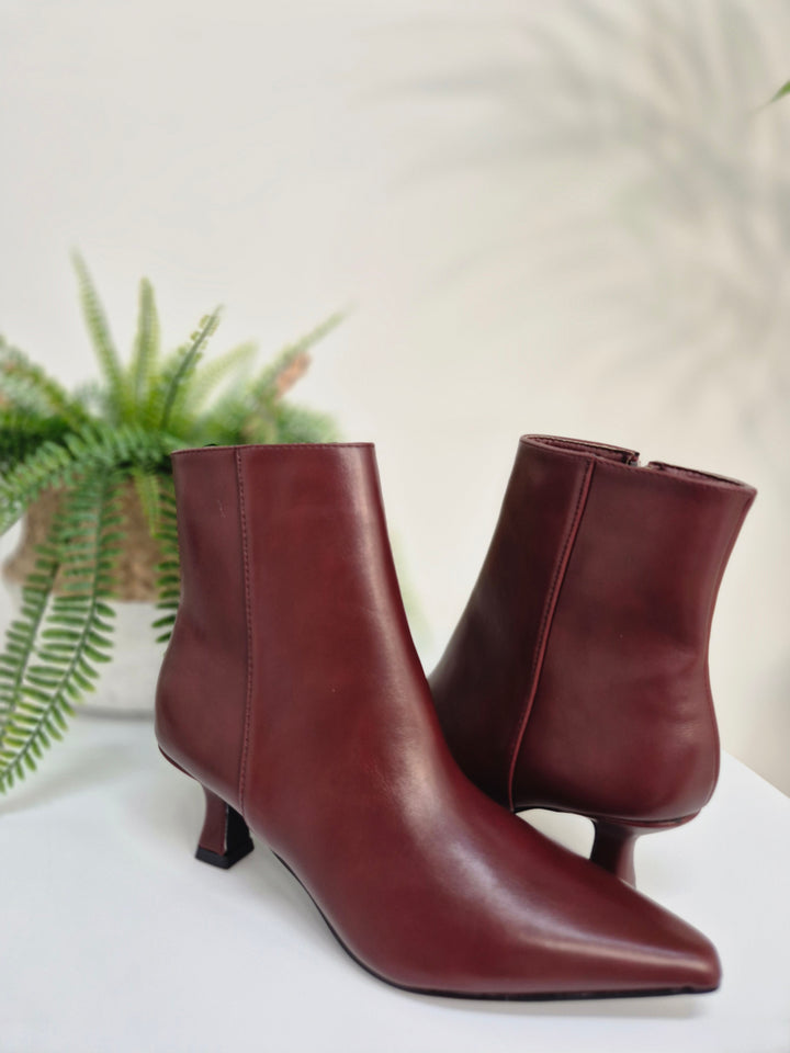 Mayfair Faux Leather Ankle Boots with Low Block Kitten Heel - Wine (choose your Size)
