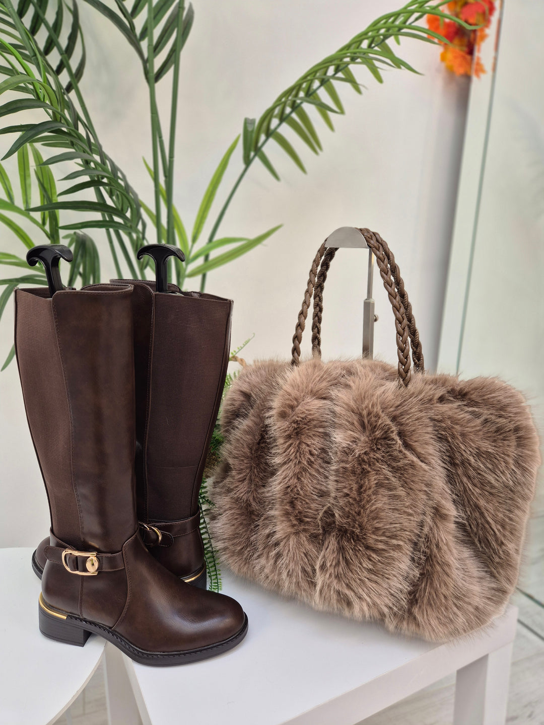 Oslo Faux Fur Bag with Dual Handles - Chocolate (Large Size)