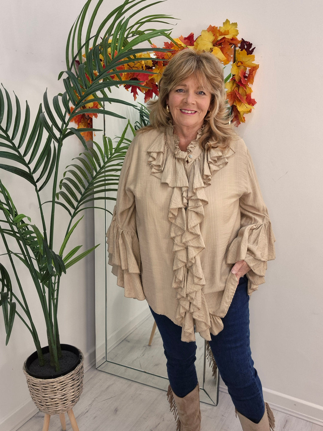 Rhea Ruffle Blouse - (One Size, fits from Size 14 up to Size 18/20) - Champagne