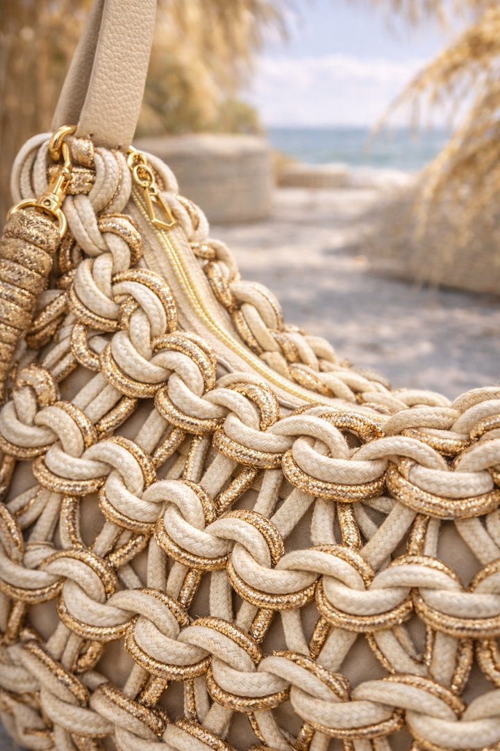 Marbella Gold Metallic Rope Bag - Cream/Gold