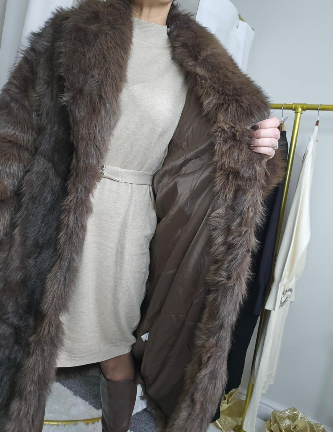 Oslo Fluffy Faux Fur Coat - Chocolate (choose your Size)