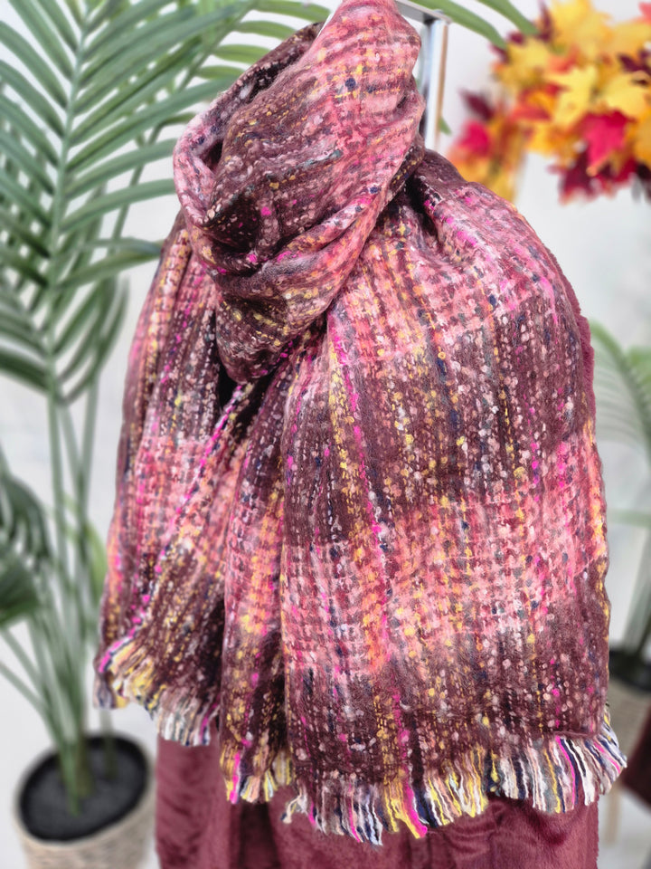 Cosy Brushed & Fluffy Scarf - Wine Multi