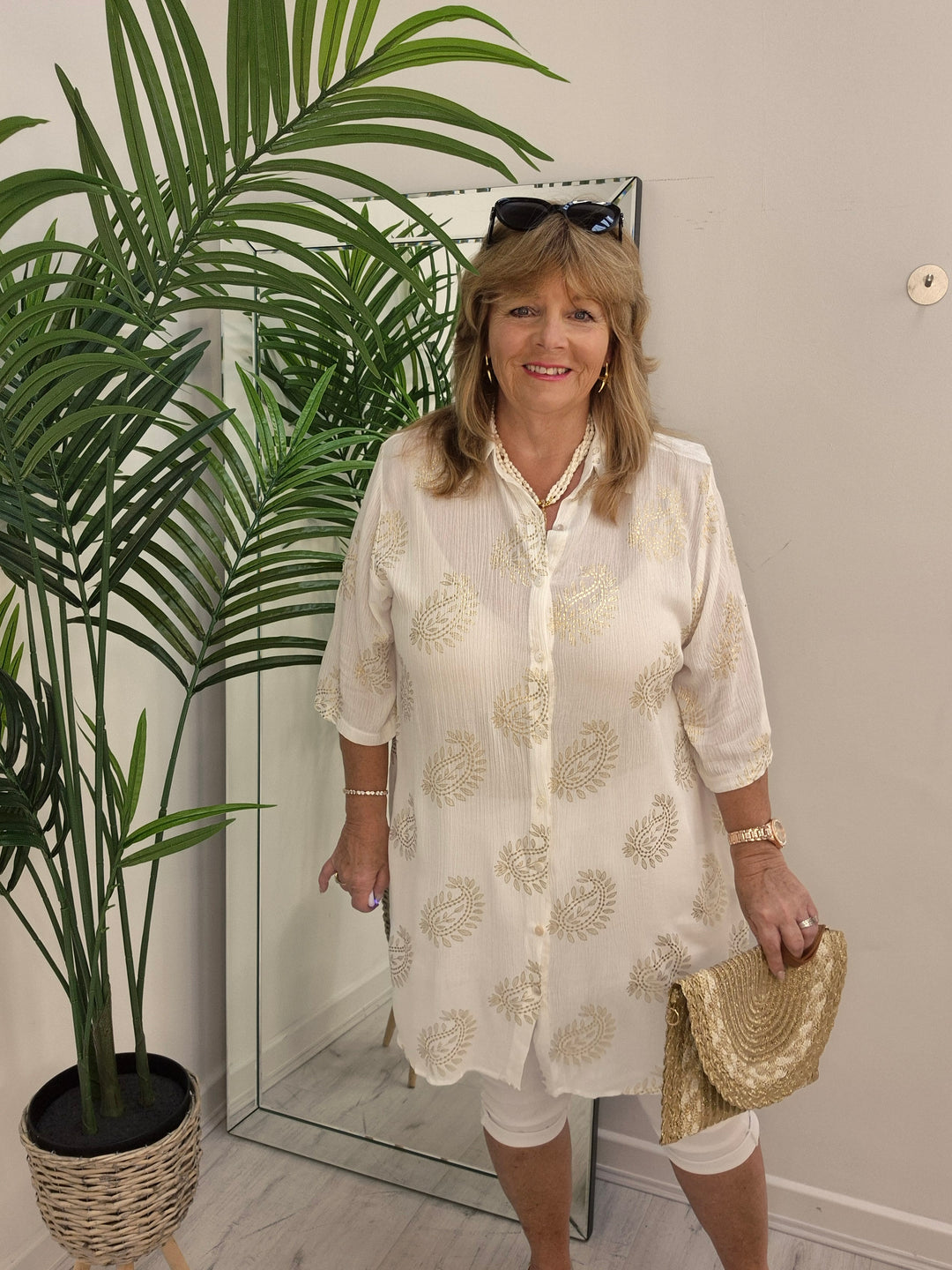 Ibiza Paisley Shirt Dress - White/Gold (Loose Fit)