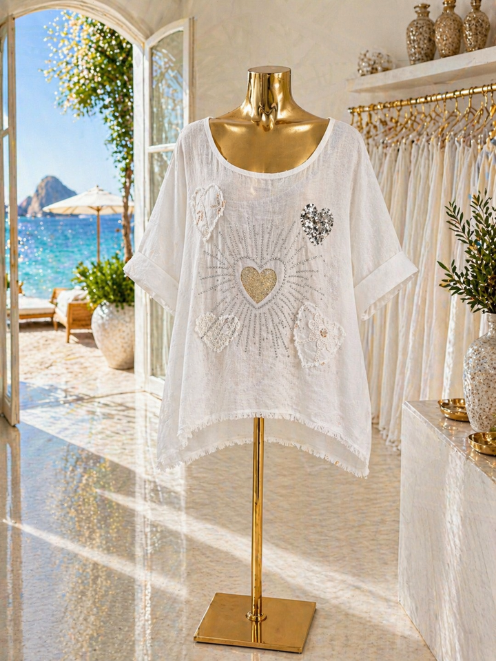 Amalfi Linen Hearts & Sequins Top - White (Oversized, fits from Size 14 to Size 18)