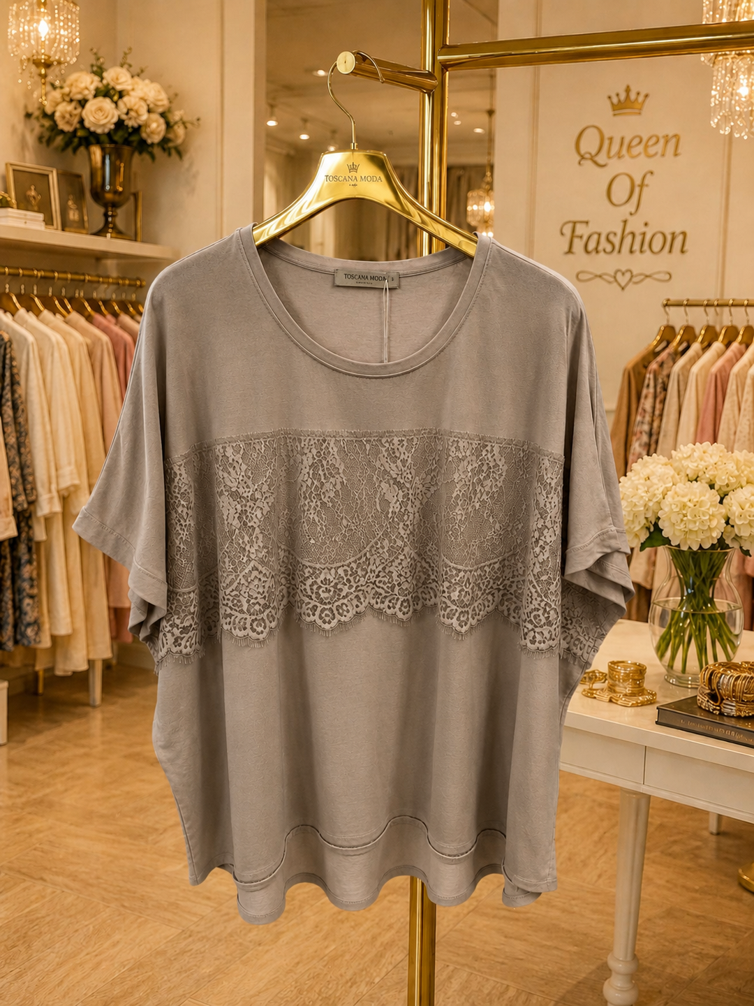 Lace Detail Hi-Lo Top (One Size Curvy, fits from Size 14 up to Size 18/20) - Mocha