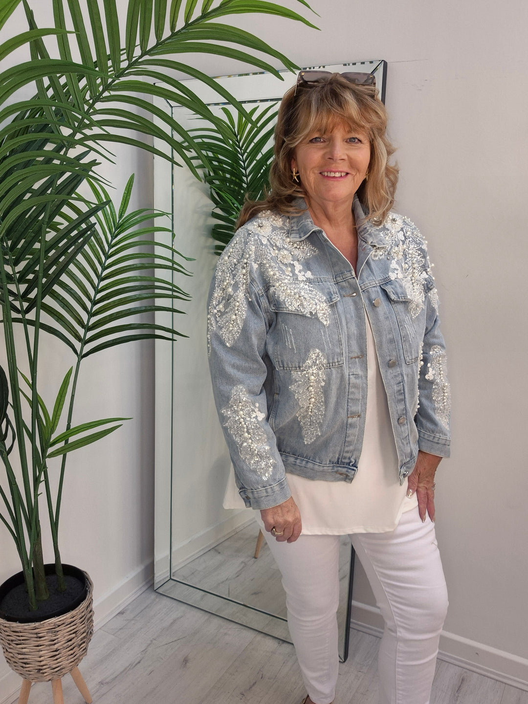 Angelica Crystal & Pearl Denim Jacket - Stonewashed (Oversized)