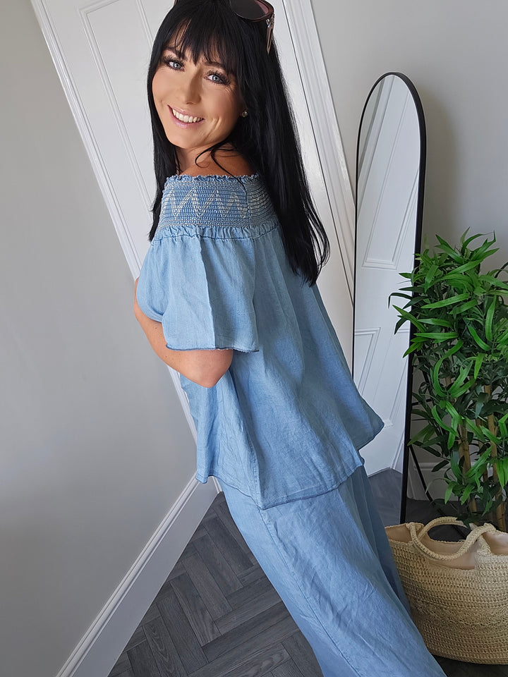 Dena Wide Leg & Bardot Top Co-ord - Chambray