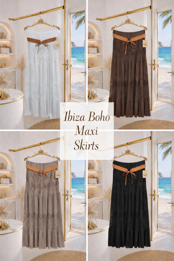 Ibiza Boho Maxi Skirt - (One Size, fits from Size 12/14 up to Size 18) - (choose your Colour)