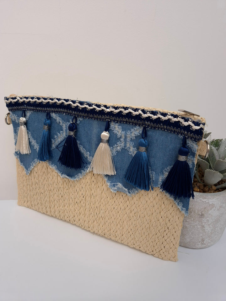 Boho Denim & Tassels Clutch Bag - Denim