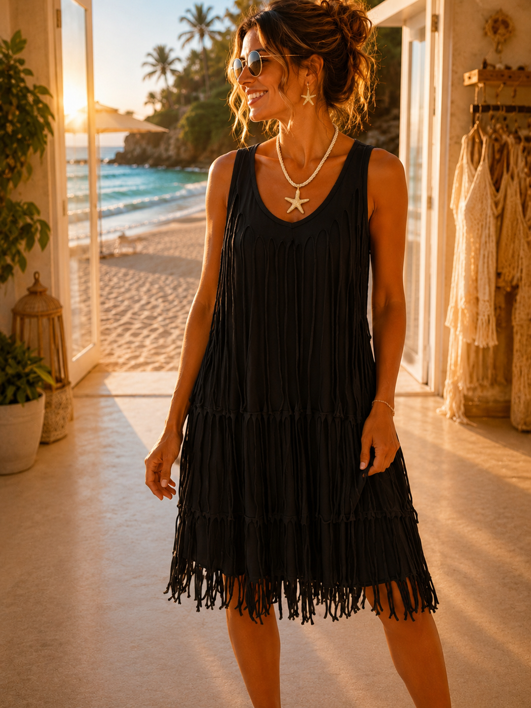 Boho Fringed Dress - Black - (One Size, fitting from Size 10/12 up to Size 16)