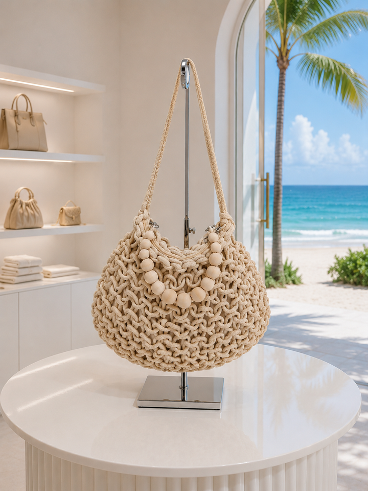 Crochet Bag with Wooden Beads with Long Handle - Beige