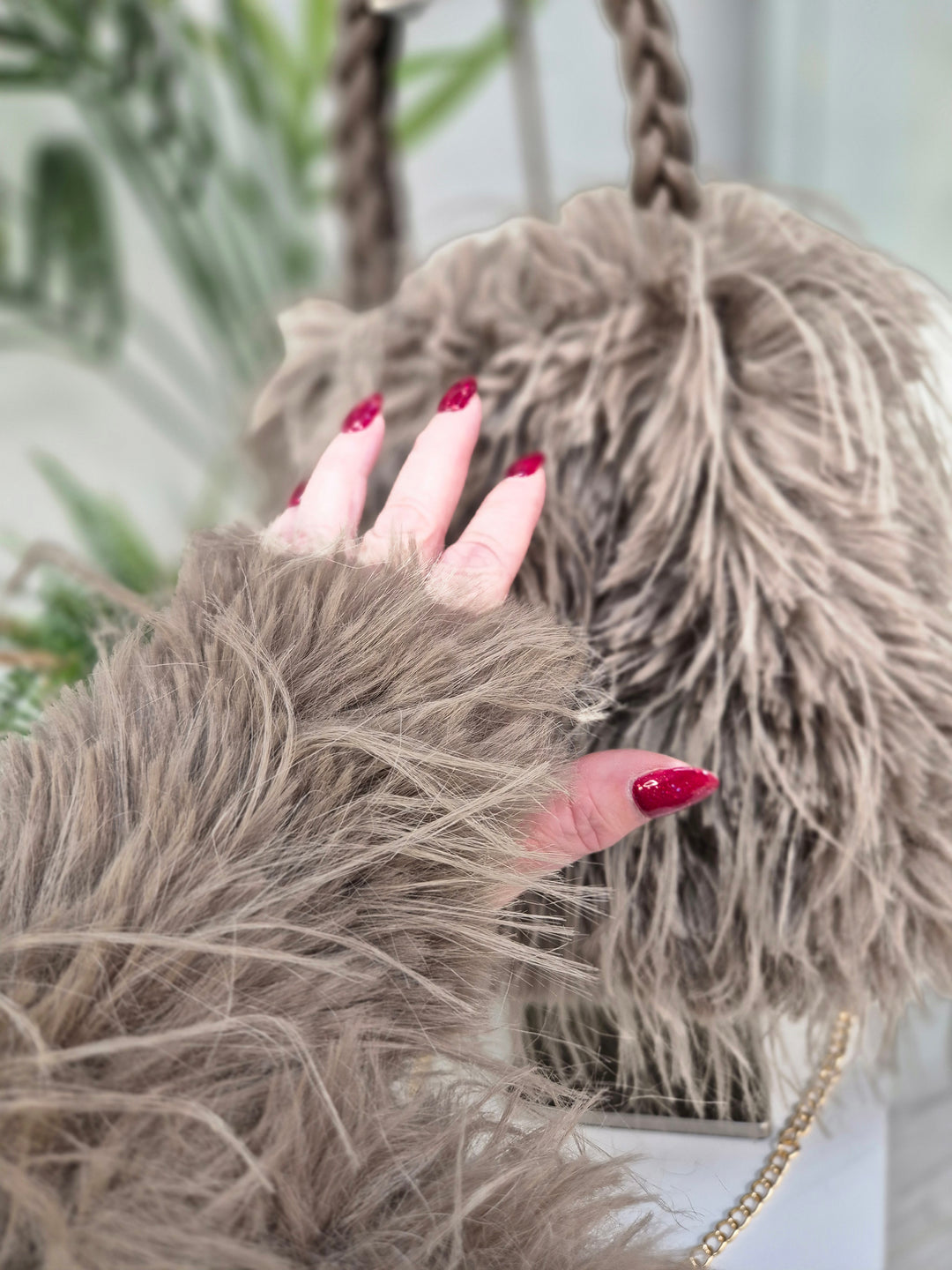 Oslo Faux Fur Shaggy Bag with Dual Handles & Chain Strap - Mocha