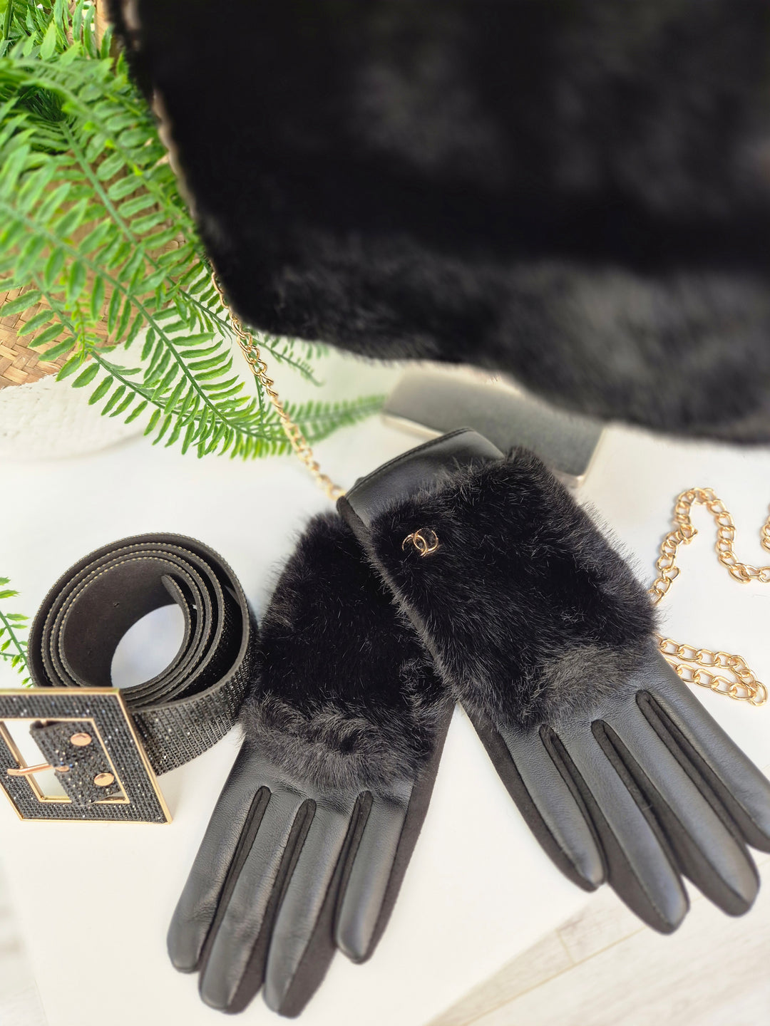 Oslo Gloves with Faux Leather & Faux Fur - Black with Gold Tone Logo