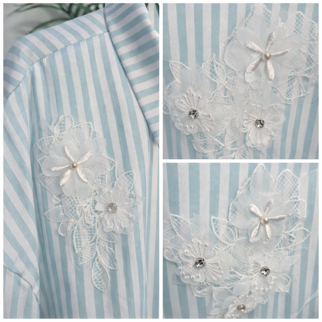 Penny Pinstripe Floral Applique Oversized Shirt - Mint/White (One Size/Curvy - fitting from Size 16 up to Size 20)