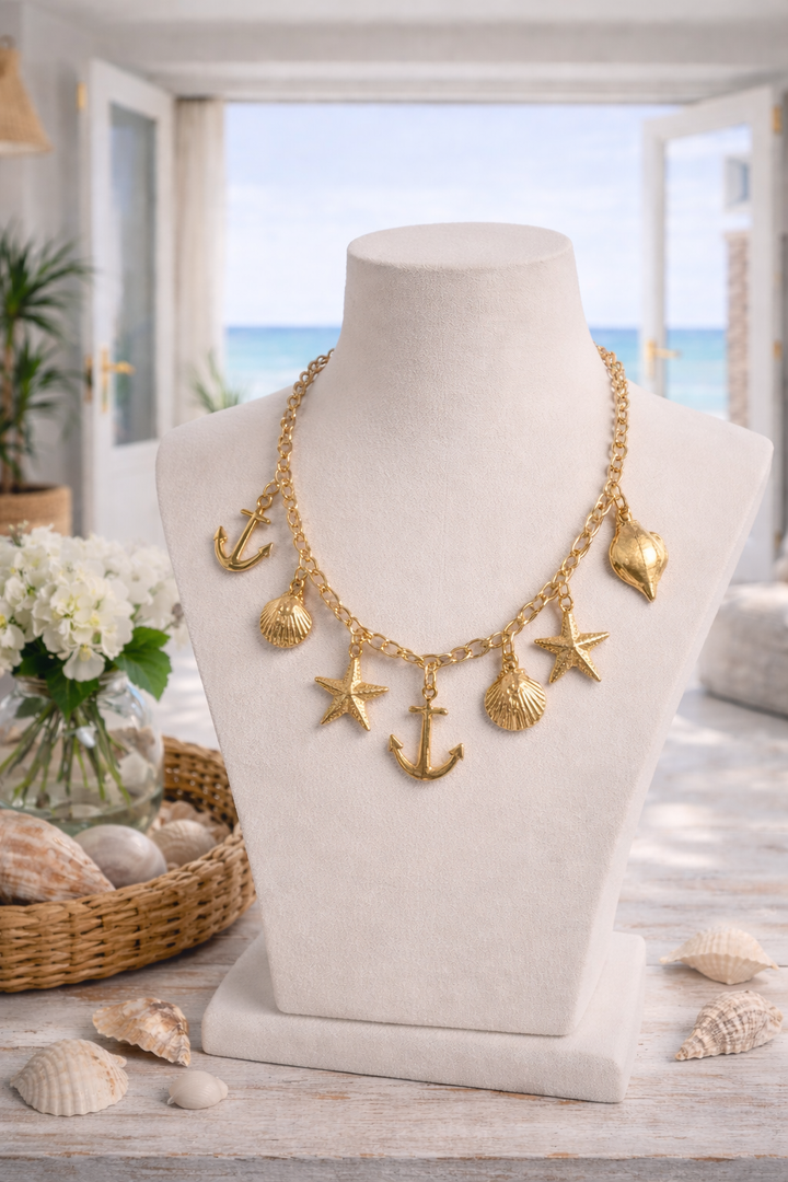 Sea Life Charms Necklace - Gold Tone