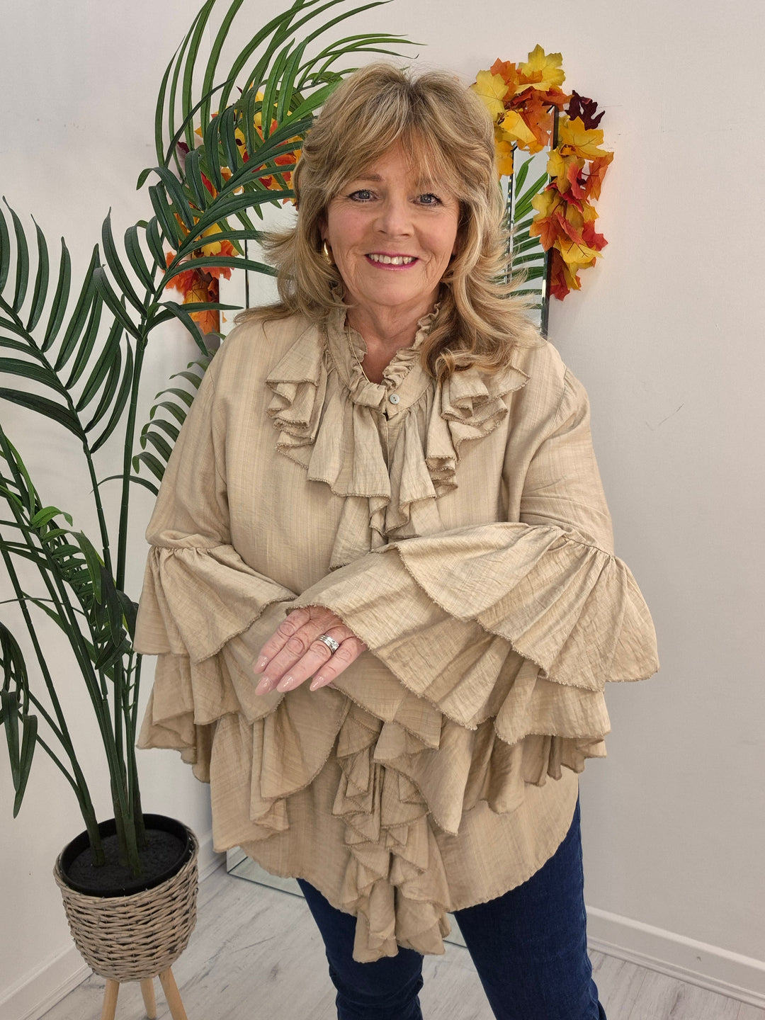 Rhea Ruffle Blouse - (One Size, fits from Size 14 up to Size 18/20) - Champagne