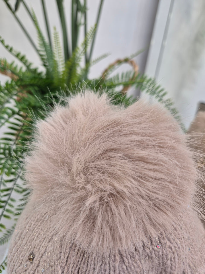 Oslo Fur Fur Pom Pom Hat with Crystals & Metallic Thread - Biscuit
