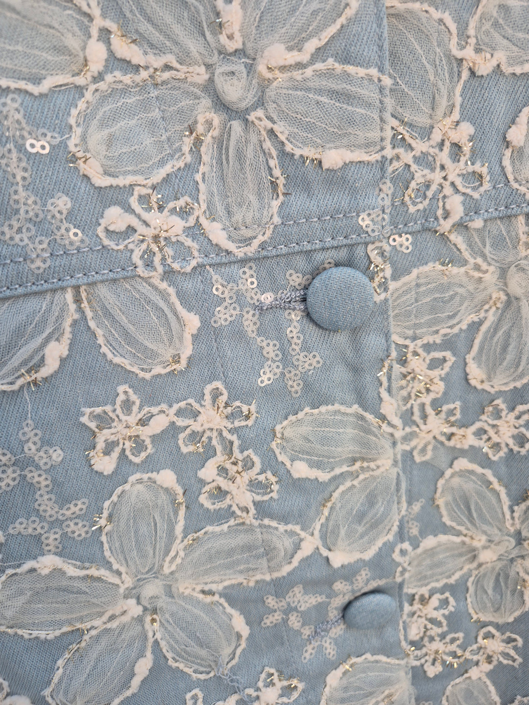 Darcy Denim Jacket - Applique Florals/Gold Metallic (One Size/Curvy, fitting from Size 14 up to 18)