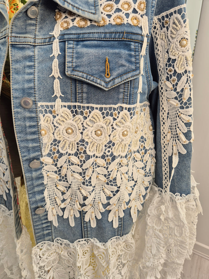 Elle Lace Tassel Denim Jacket - Light/Mid Stonewashed (One Size, fitting from Size 10 up to 14)
