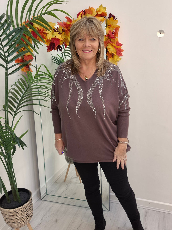 Sasha Sparkle Oversized Jumper - Chocolate (fitting from Size 14 up to Size 20)