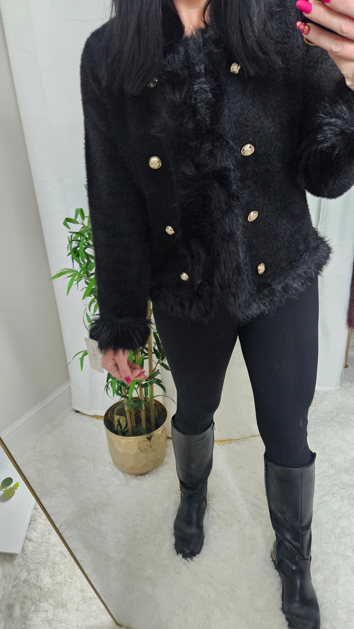 Oslo Faux Fur Cardigan/Jumper with Baroque Buttons  - Cream (One Size fits from Size 8/10 up to Size 14/16)