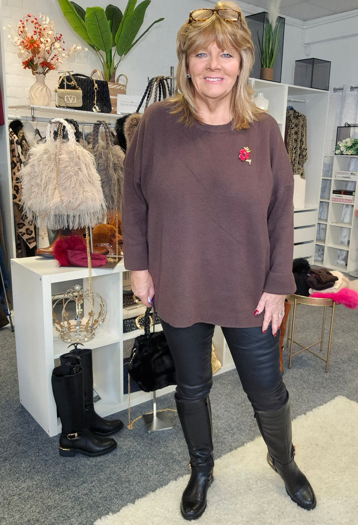 Hammersmith Buttoned Hi Lo Oversized Jumper - Chocolate (One Size/Curvy, fits from Size 14 up to Size 18)