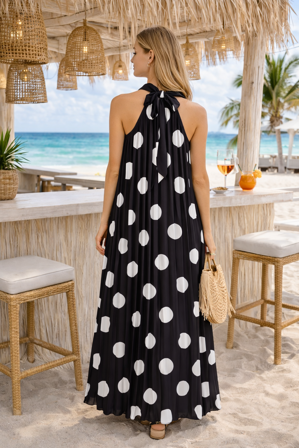 Dotty Pleated Maxi Dress - One Size, fitting from Size 10 to Size 16) - Monochrome
