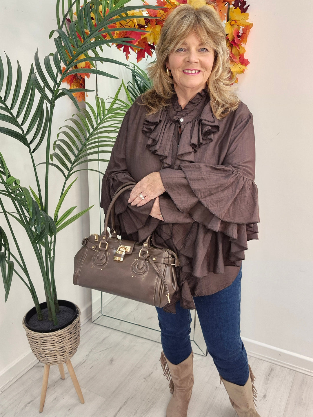 Rhea Ruffle Blouse - (One Size, fits from Size 14 up to Size 18/20) - Chocolate