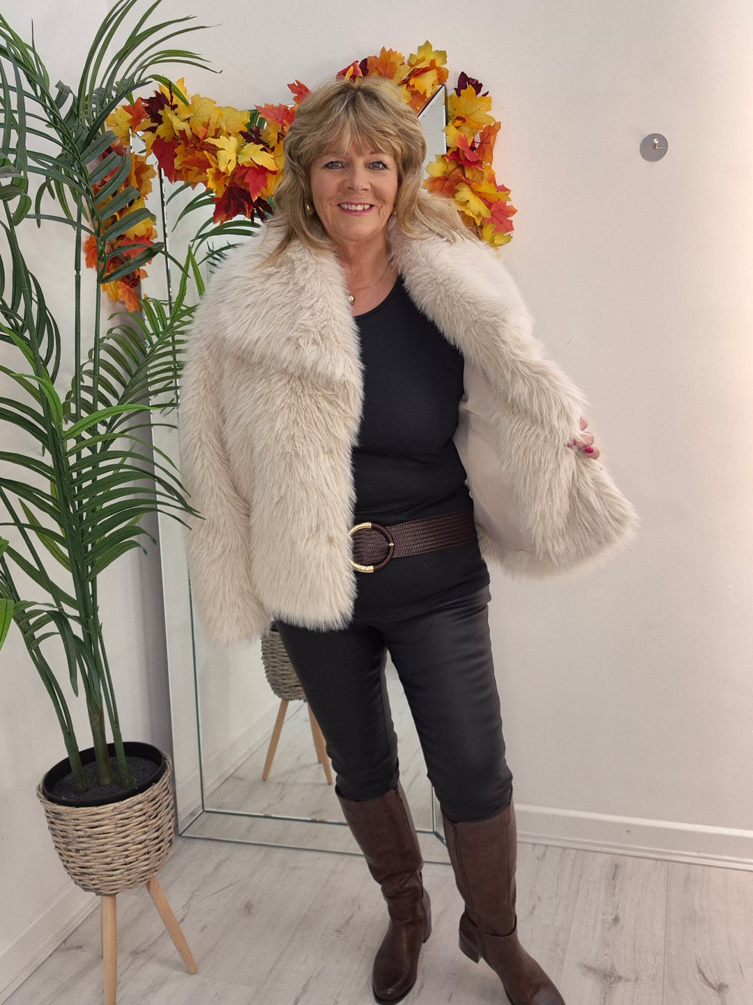 Oslo Faux Fur Shawl Collar Jacket - Creamy Stone (One Size/Curvy - fitting from Size 14 up to Size 18)